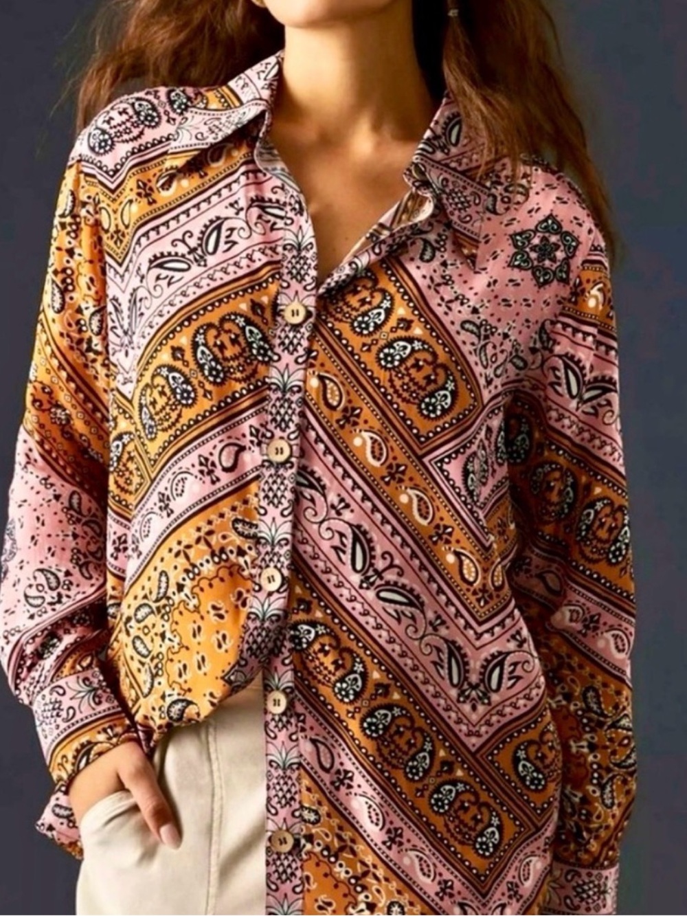 FARM Rio Paisley Buttondown Long Sleeve Shirt, NEW